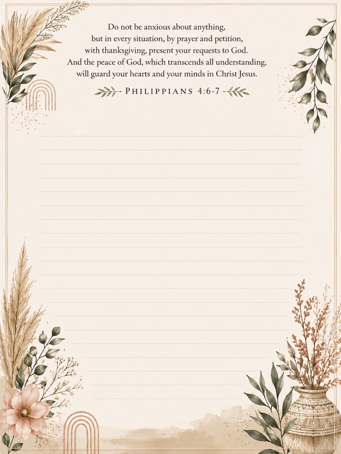 Floral Boho printable letter paper with Philippians 4:6-7