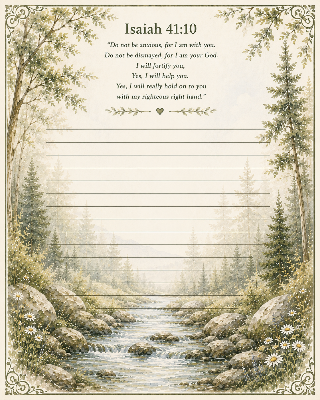 Mountain Stream printable letter paper with Isaiah 41:10