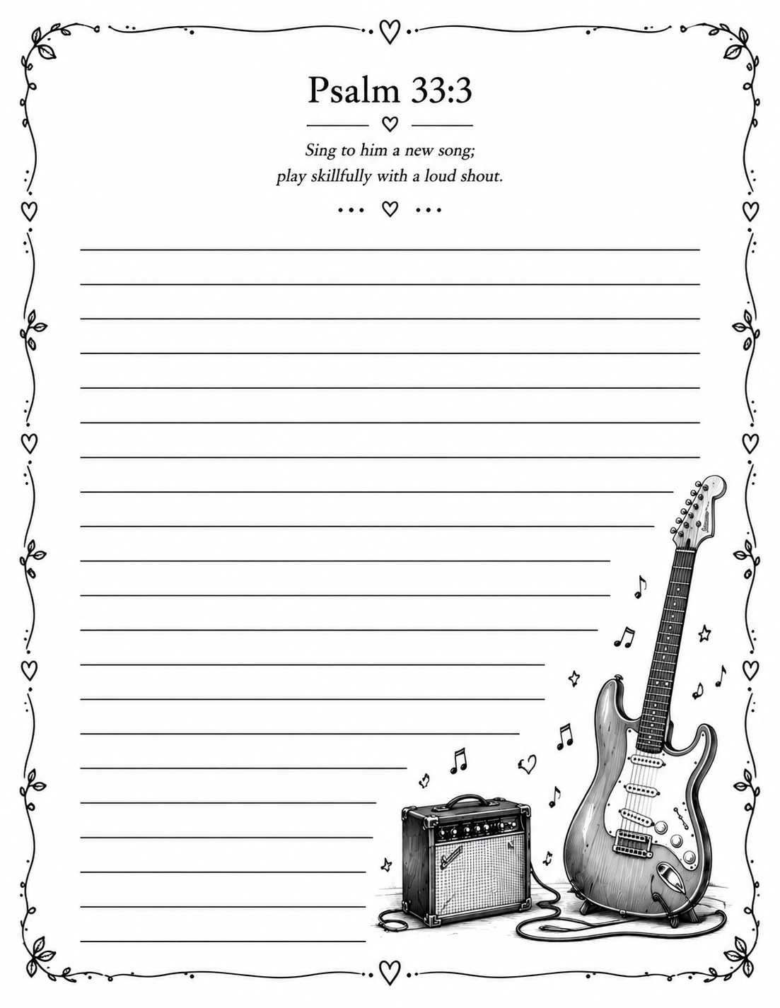 Musical Guitar printable letter paper with Psalm 33:3